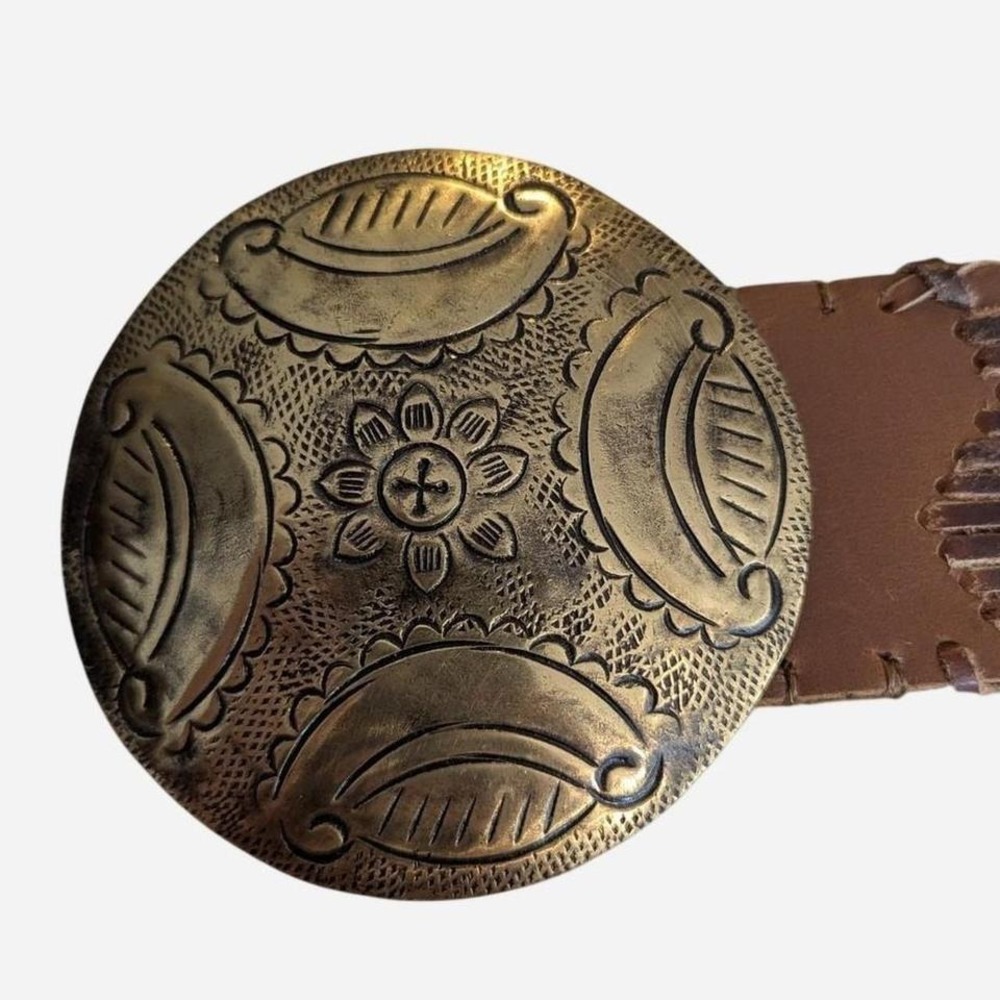 Chico's Brown Embossed Leather Belt Large Brass Concho Buckle OS - Picture 6 of 8